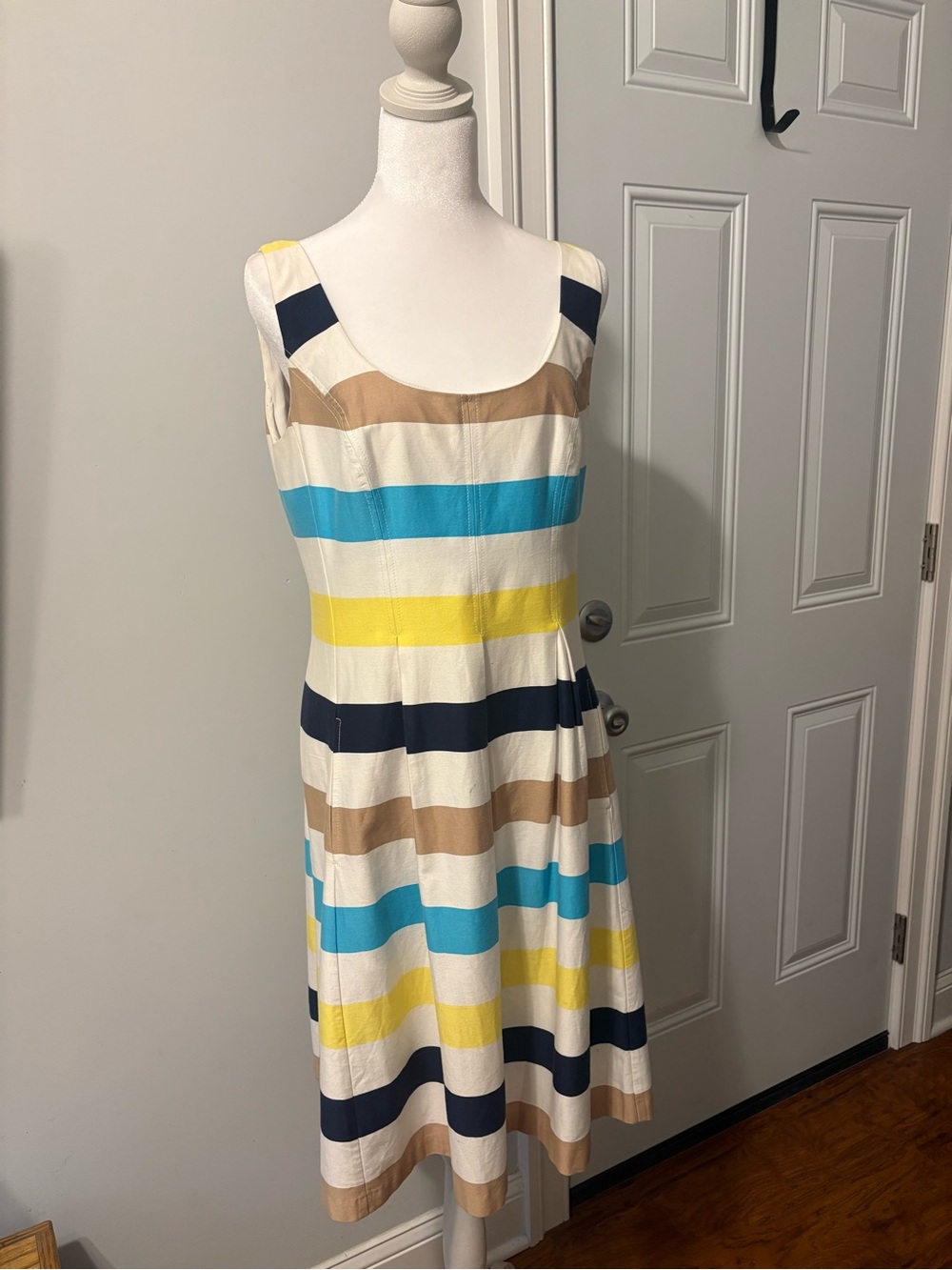 Nine West Striped Sleeveless A-Line Dress in White, Blue & Yellow